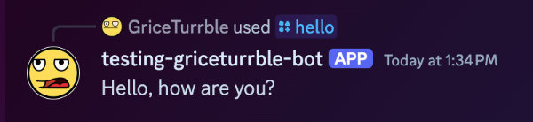 The test bot responding to /hello slash command