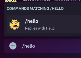 typing /hello for our test bot and seeing its help text