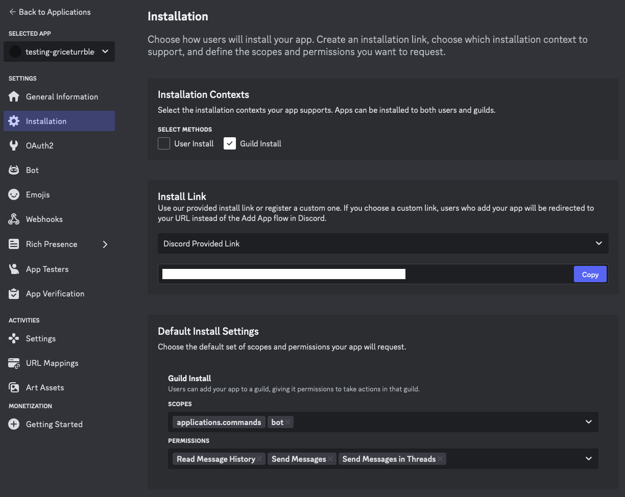 example installation and permissions settings in Discord Developer portal