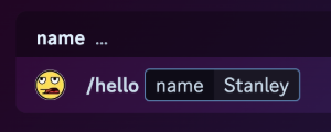 /hello command with name parameter and Stanley typed in